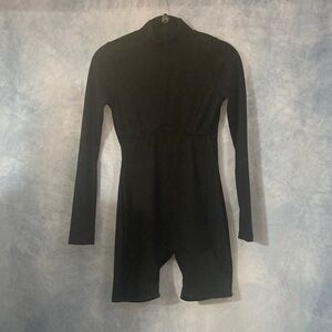 Chic Black Long Sleeve Bodysuit Ribbed Knit Fabric Mock Neck Zipper In Back